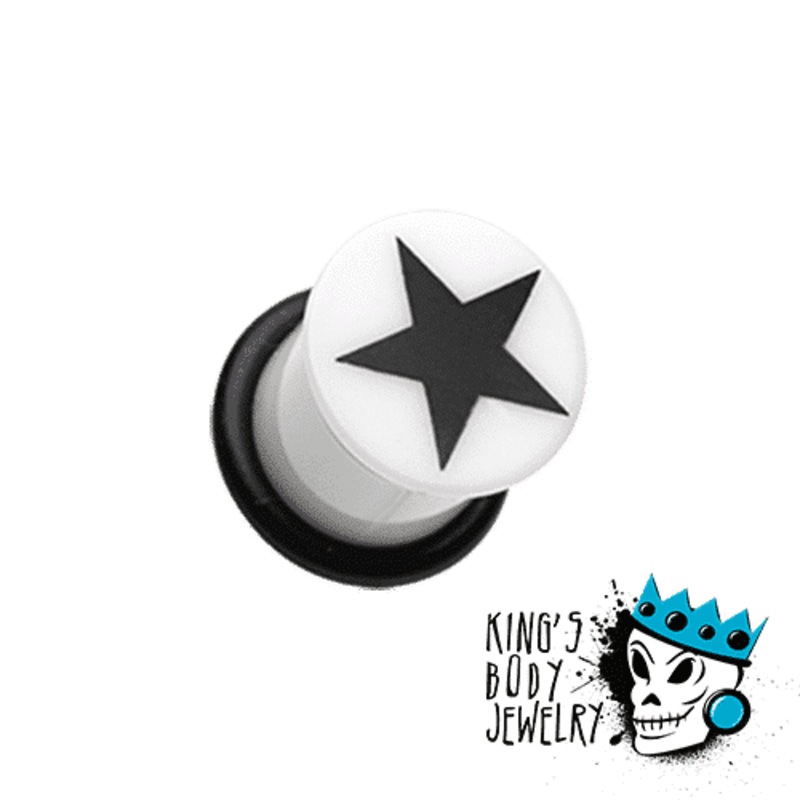White Acrylic Single Flare Plug with Black Star (6 gauge – 5/8 inch) 6 g