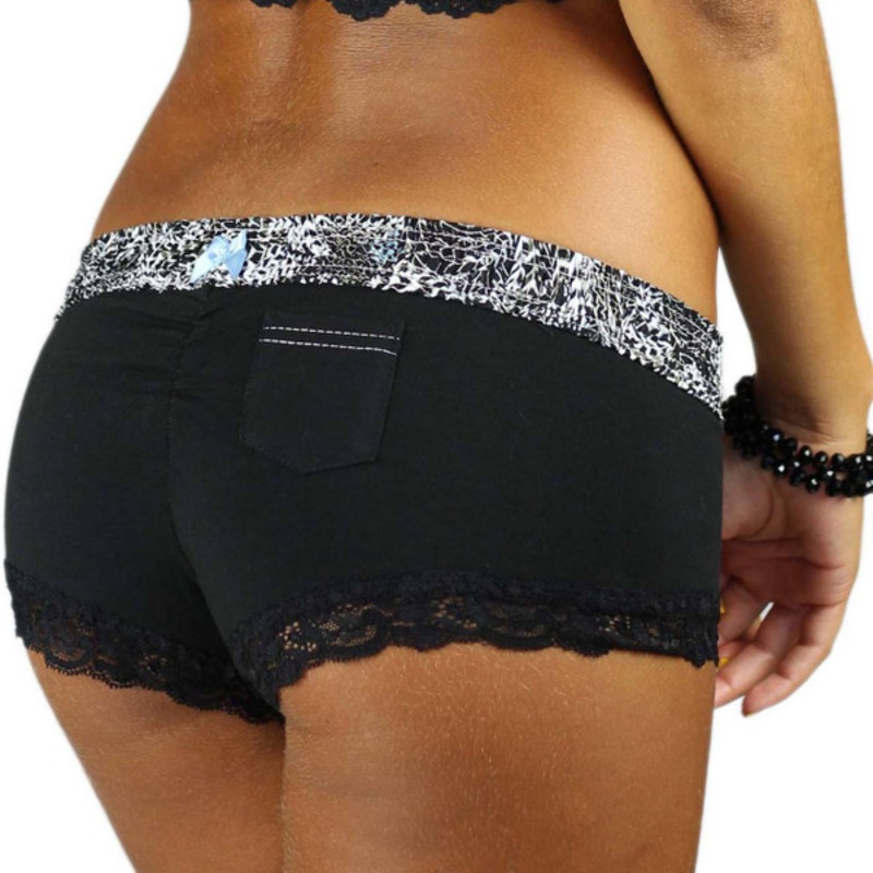 Black Boyshort Panties with Feather Print Waistband