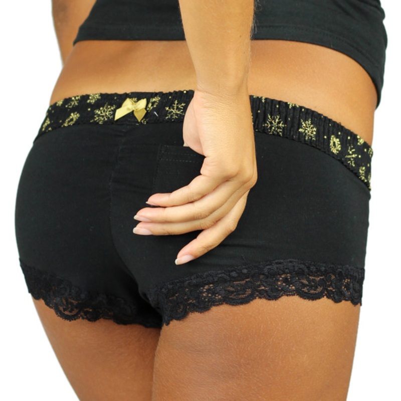 Black Boyshorts Panties with Gold Snowflake Waistband