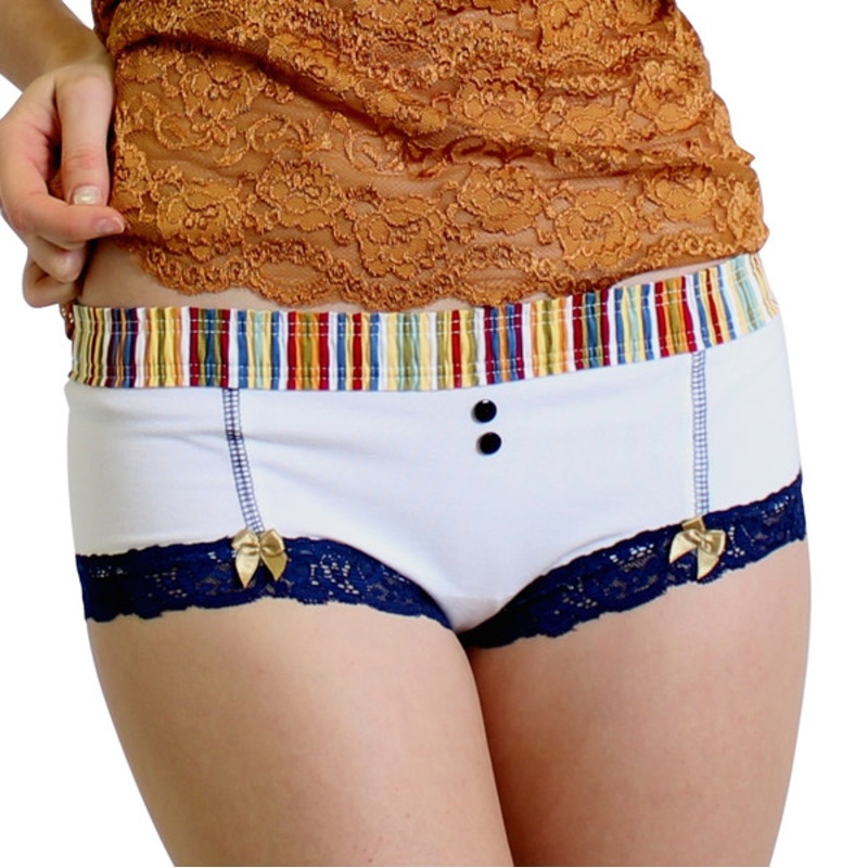 White Boyshort with Navy Gold Stripe FOXERS Waistband