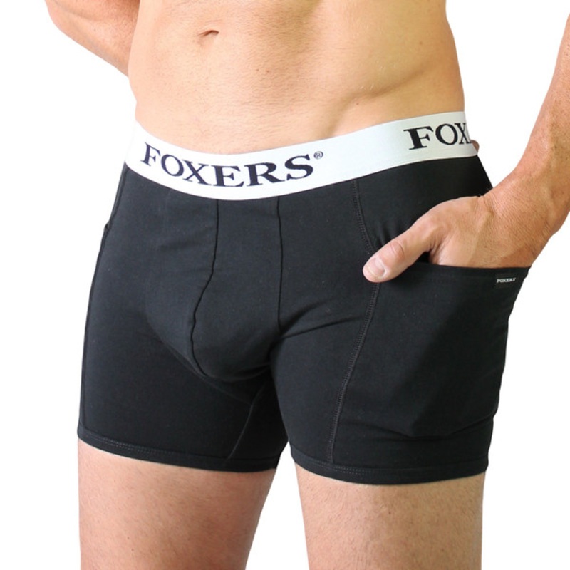 Black mens boxer briefs pockets White logo band (NO Snaps)