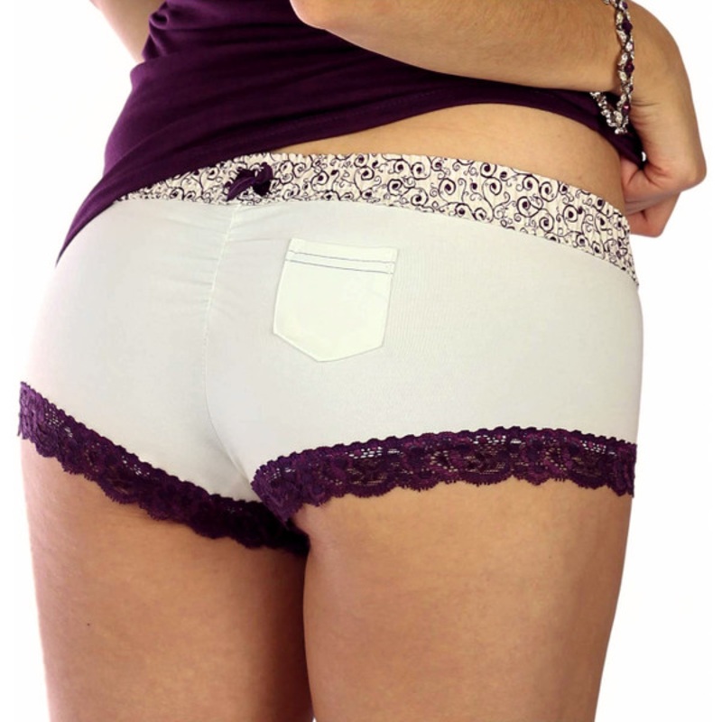Cheeky Ivory Cotton Boyshort Panties with Plum Scroll Waist