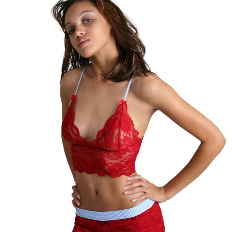 Light Blue Dot over Red Lace Top