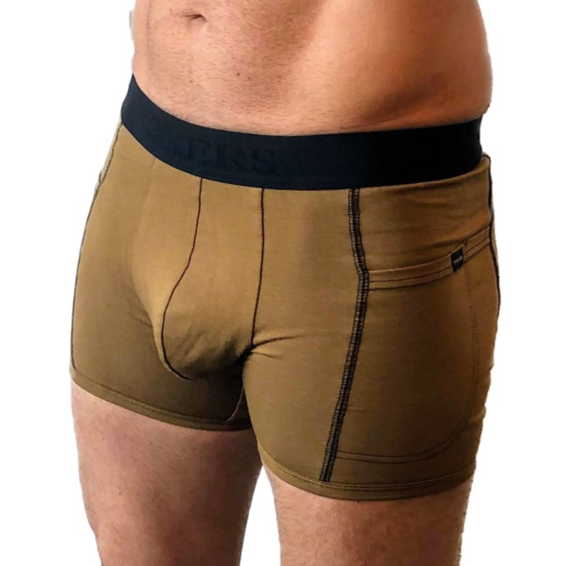 Men’s Bronze Boxer Brief with Black logo band and pockets