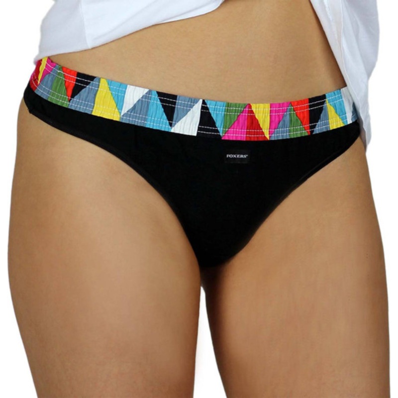 Womens Black Thong Panties with Kaleidoscope Print Foxers Band