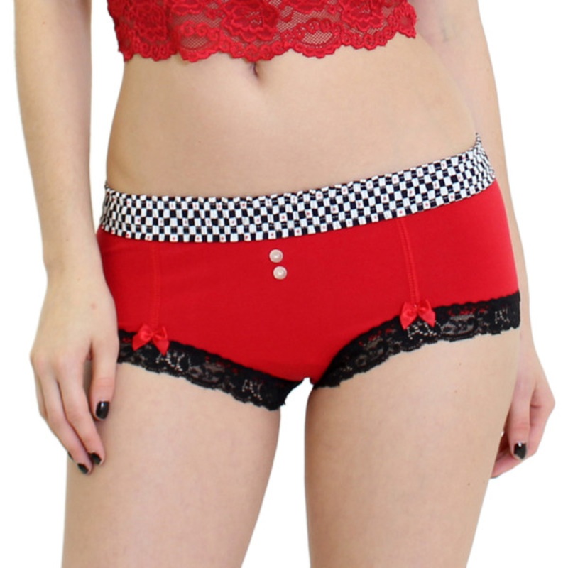 Womens Red Boy Short Panties with Checkered FOXERS Band