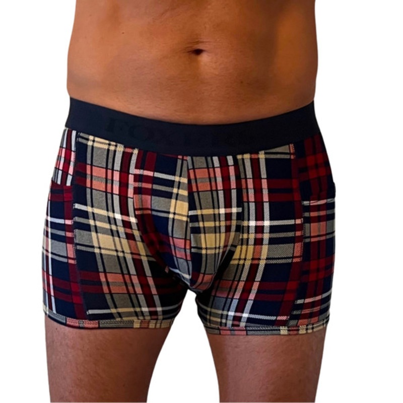 Men’s Navy Dark Red Plaid Boxer Briefs with Pockets