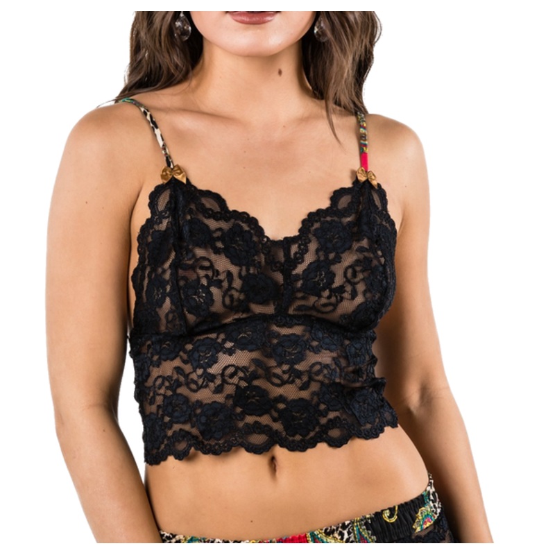 Black Lace Camisole with Leopard Paisley Straps