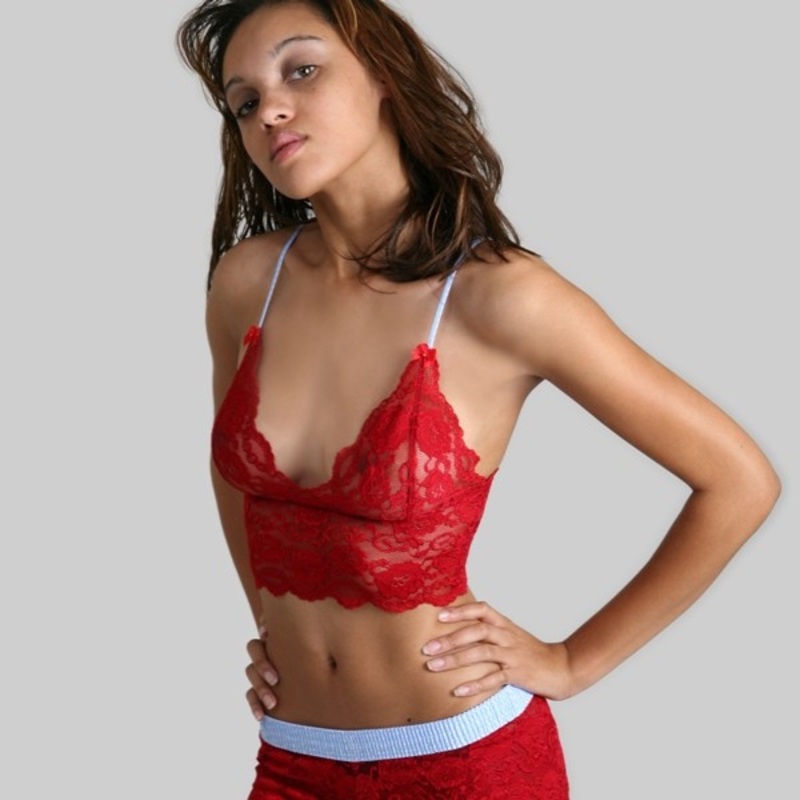 Light Blue (Stripe) on Red Lace Top