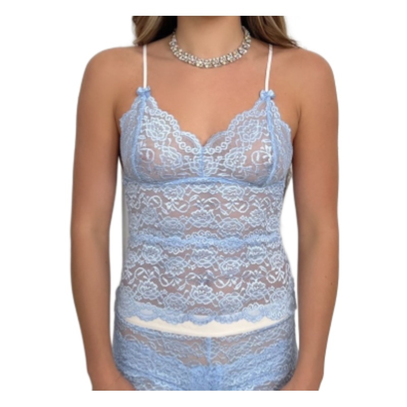 Light Blue Waist Length Lace Camisole with Ivory adjustable straps