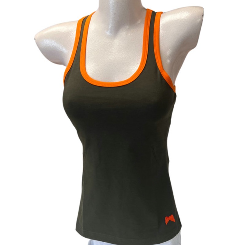Olive Racerback Shelf Bra Tank Top with Orange Trim