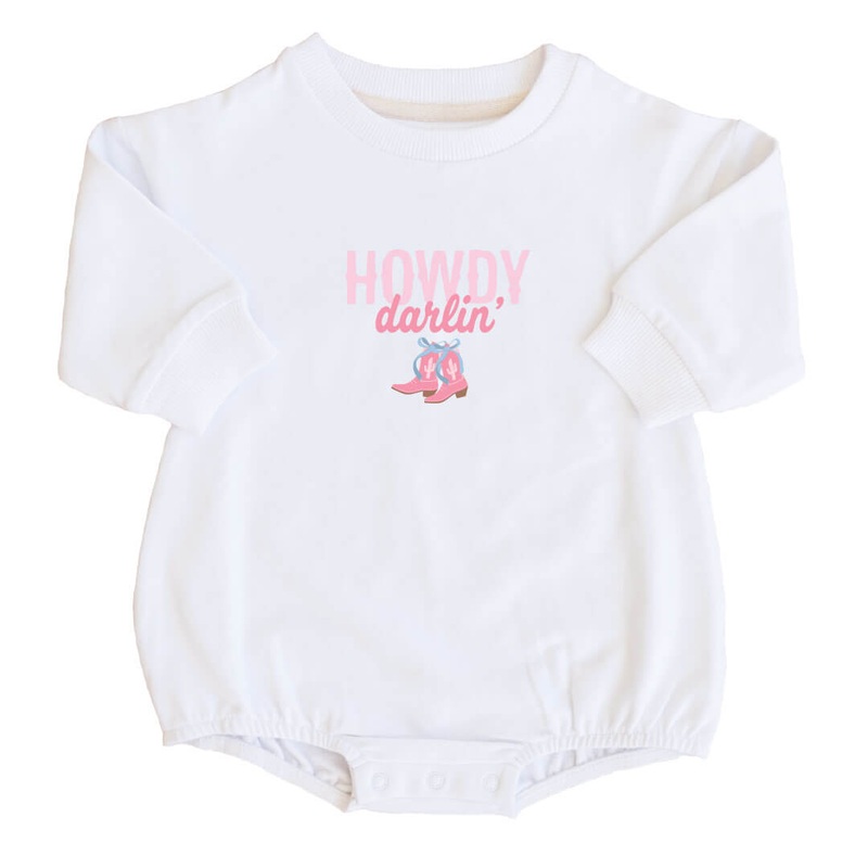 Howdy Darlin’ Graphic Sweatshirt Bubble Romper | White