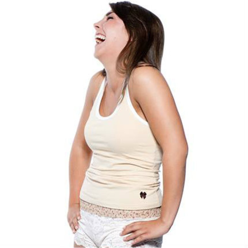 Mocha Racer Back Tank with White Trim and shelf bra