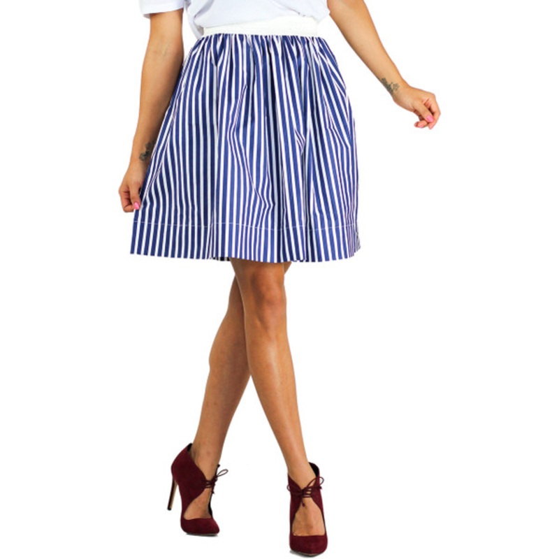 Navy Blue Striped Skirt With Pockets