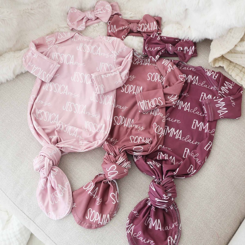 Personalized Font Duo Newborn Baby Knot Gown | Best Selling Pinks