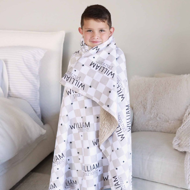 Personalized Fuzzy Kids Blanket | Taupe Check