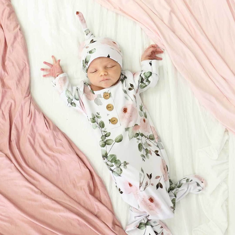 Millie’s Dusty Rose Garden Newborn Baby Knot Gown & Hat Set
