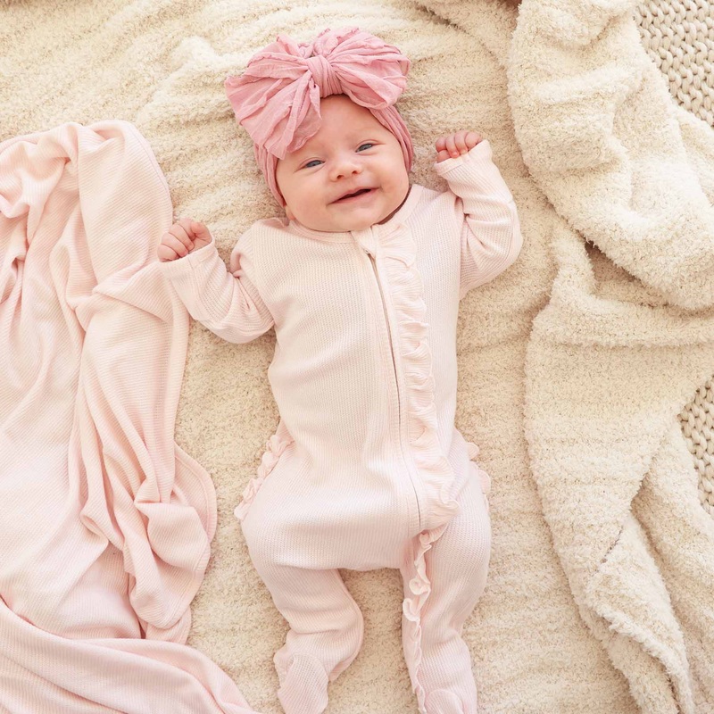 Pearl Pink Bamboo Waffle Zipper Ruffle Footie