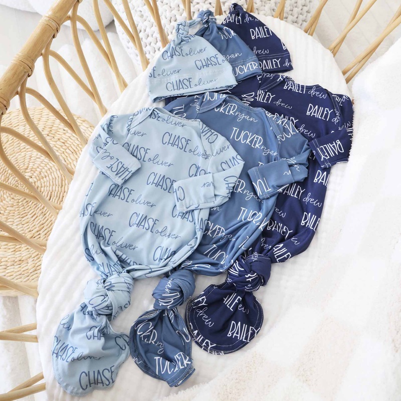 Personalized Font Duo Newborn Baby Knot Gown | Best Selling Blues