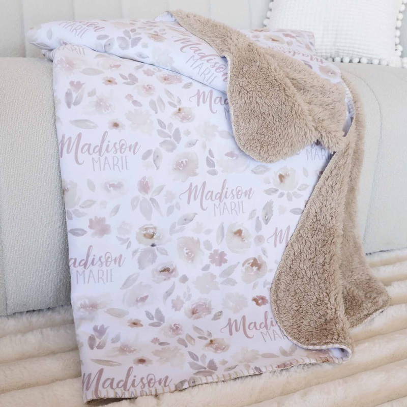 Personalized Fuzzy Kids Blanket | Taupe Floral