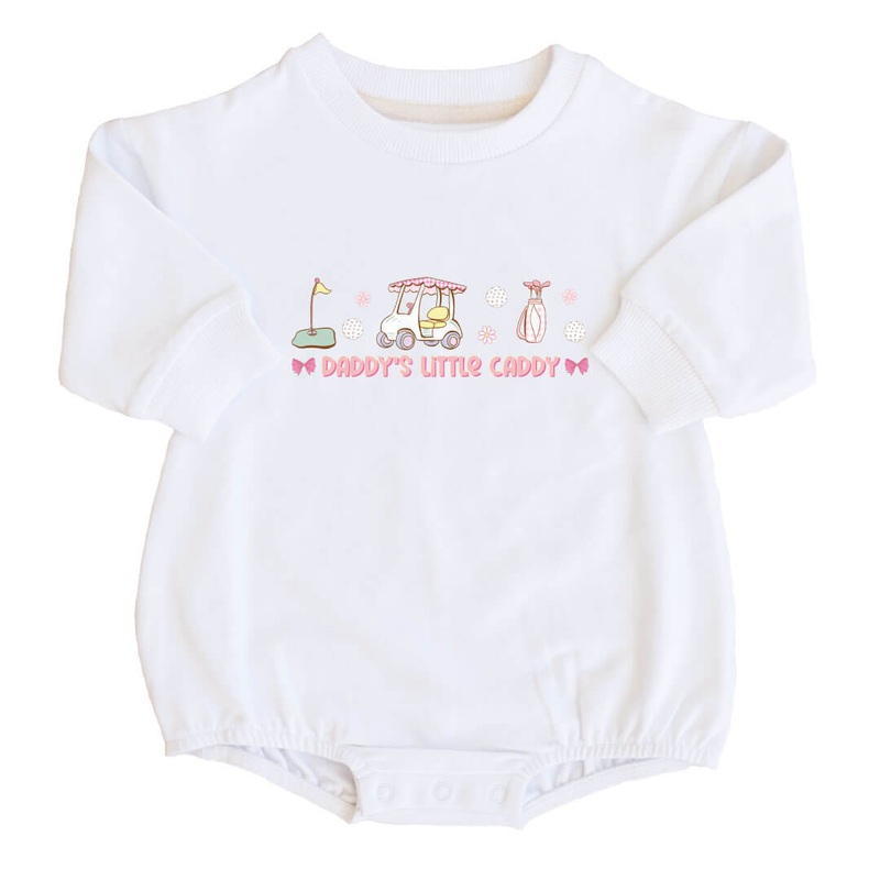 Daddy’s Little Caddy Graphic Sweatshirt Bubble Romper | White