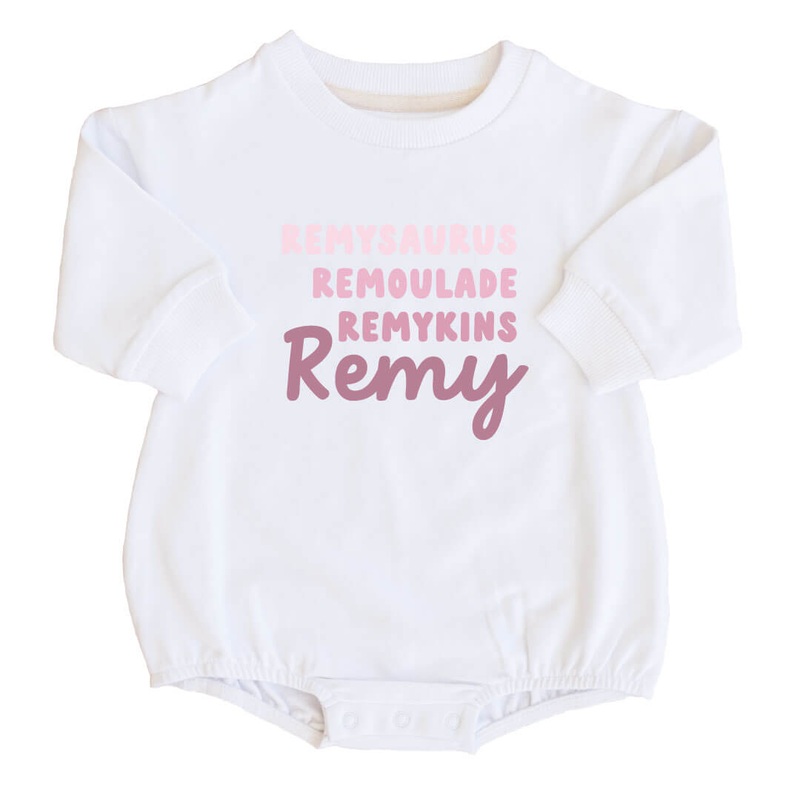Personalized Dusty Rose Nickname Graphic Sweatshirt Bubble Romper | White