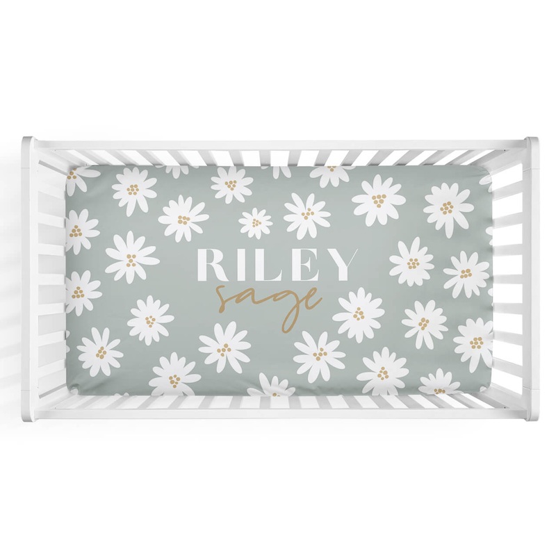 Soft Green Daisy Personalized Crib Sheet