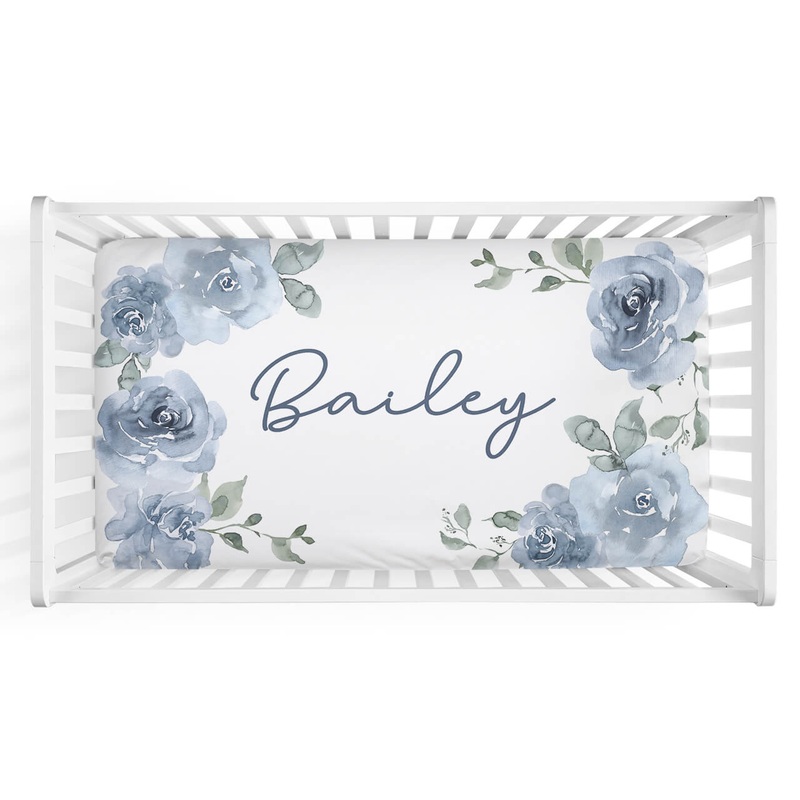 Bailey’s Blue Floral Personalized Crib Sheet