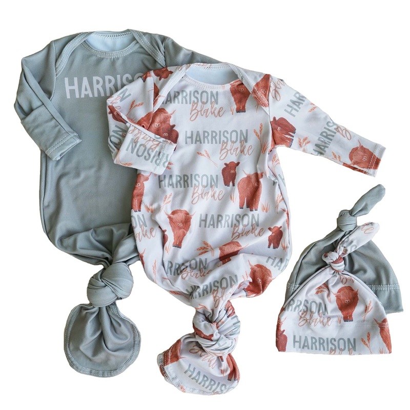 Happy Highland Cows Personalized Newborn Baby Knot Gown