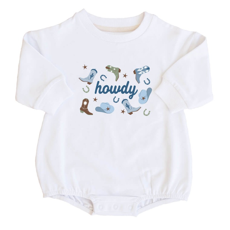 Howdy Graphic Sweatshirt Bubble Romper | White