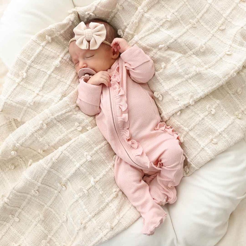 Lovely Pink Bamboo Waffle Zipper Ruffle Footie
