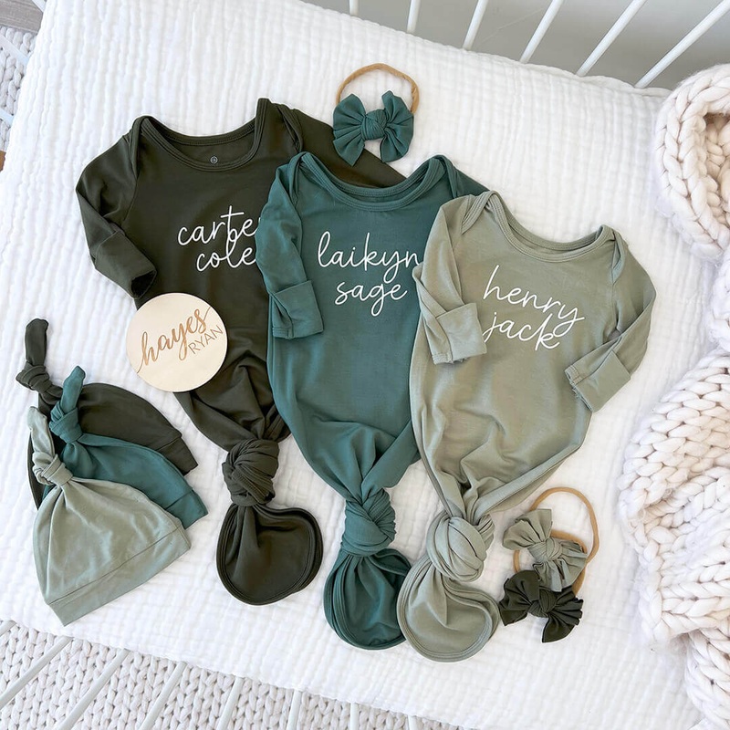 Personalized Bamboo Newborn Baby Knot Gown & Hat | Garden Greens – Script