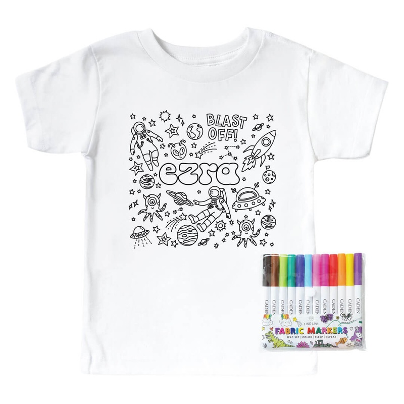 Colorable Blast Off Personalized Kids Graphic Tee | White
