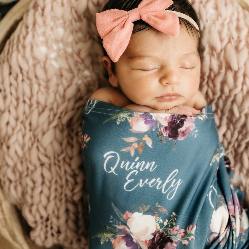 Grae’s Dusty Blue Floral Personalized Baby Name Swaddle Blanket