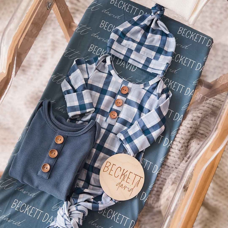 Paxton’s Plaid Newborn Baby Knot Gown & Hat Set