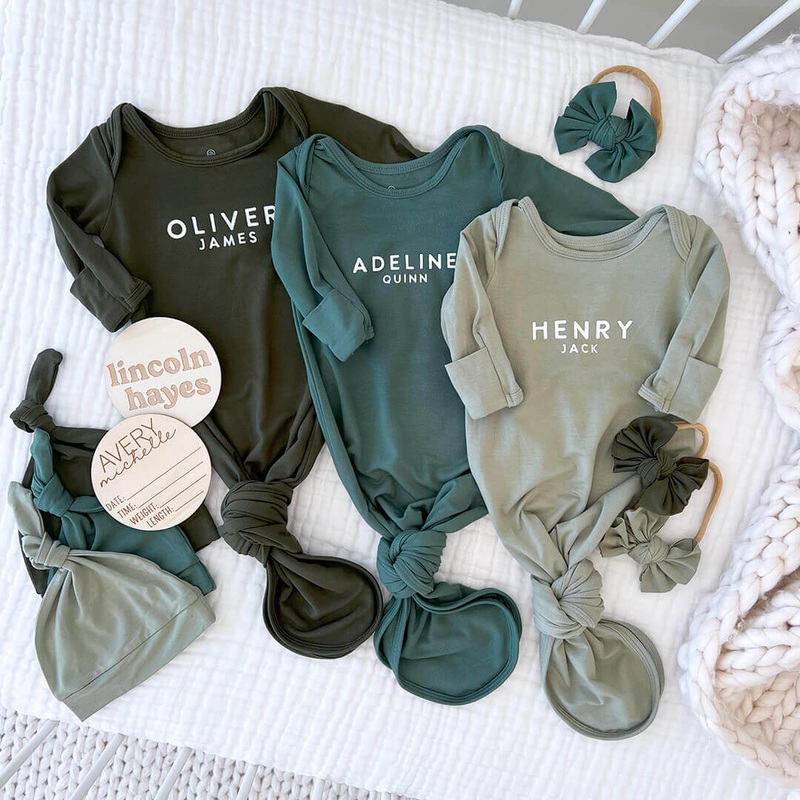 Personalized Bamboo Newborn Baby Knot Gown & Hat | Garden Greens – Block