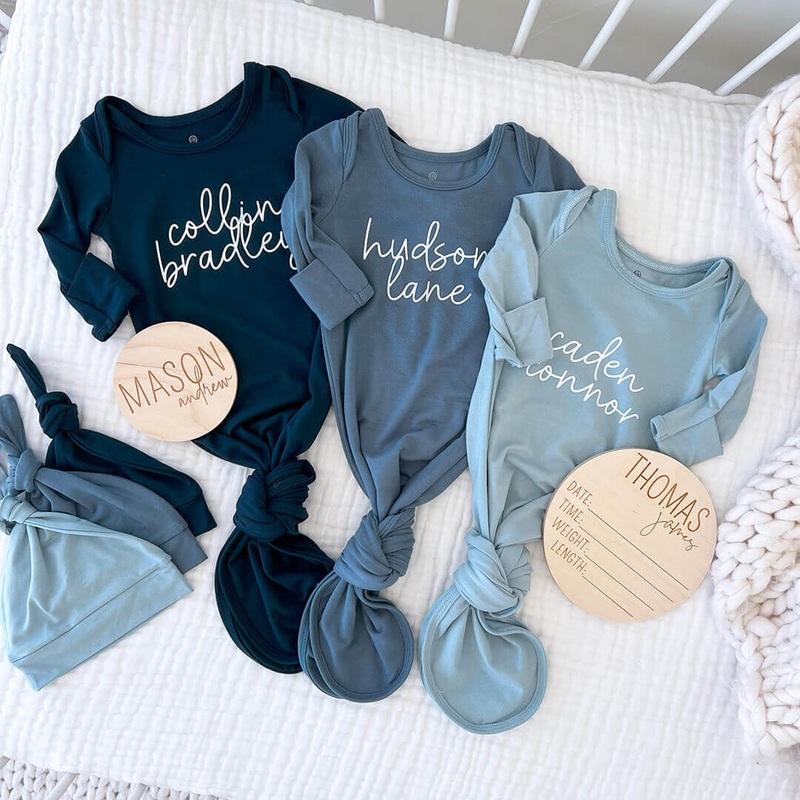 Personalized Bamboo Newborn Baby Knot Gown | River Blues – Script