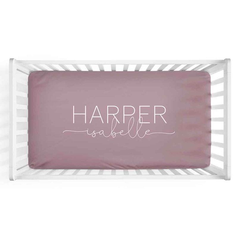 Personalized Crib Sheet in Dusty Purple | Script Font Duo