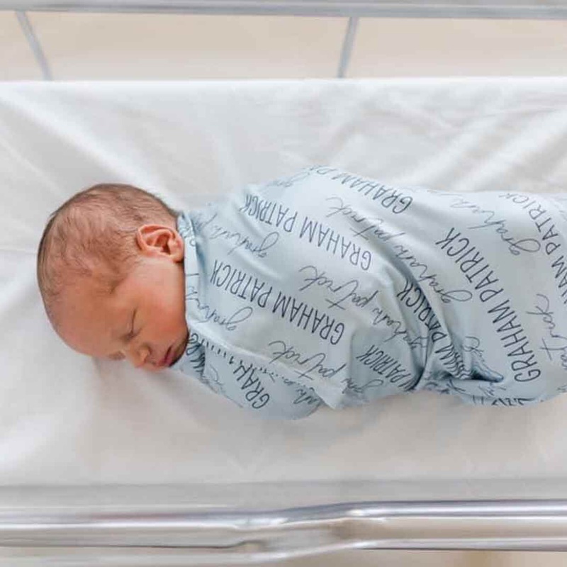 Personalized Light Dusty Blue Baby Name Swaddle Blanket – Block & Script