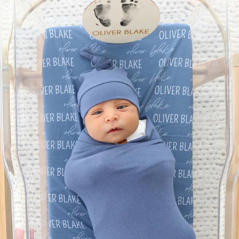 Personalized Steel Blue Baby Name Swaddle Blanket | Block Script