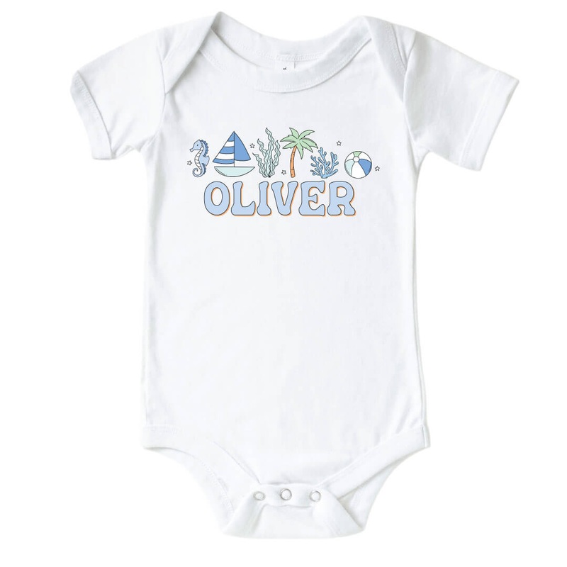Personalized Tiny Tides Blue Graphic Bodysuit | White