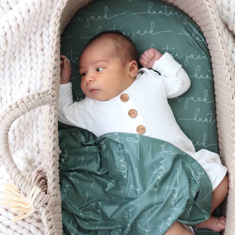 Personalized Forest Green Baby Name Swaddle Blanket – Script