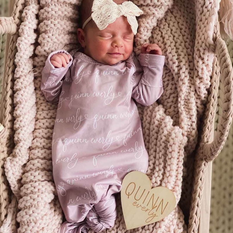 Solid Mauve Heart Personalized Newborn Baby Knot Gown – Script