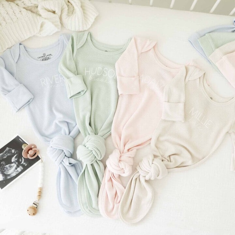 Personalized Bamboo Waffle Newborn Baby Knot Gown | Pastel Cutie