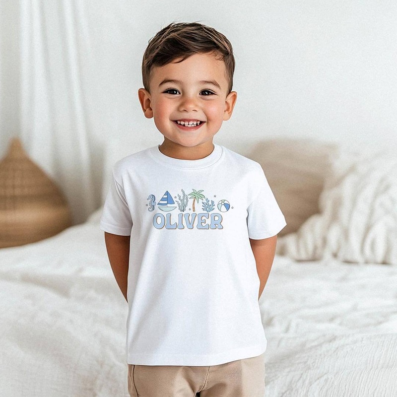 Personalized Tiny Tides Blue Kids Graphic Tee | White