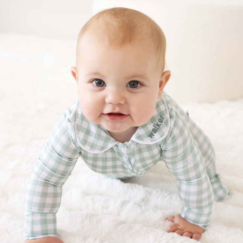 Peter Pan Collar Zipper Footie | Moss Gingham