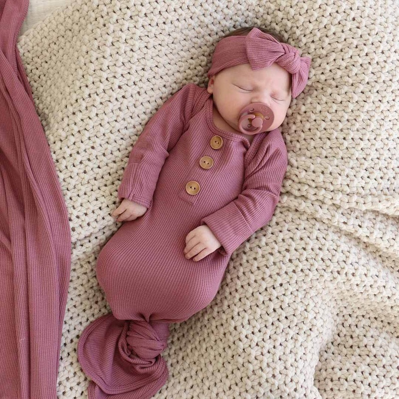 Boysenberry Bamboo Waffle Newborn Baby Knot Gown & Hat Set