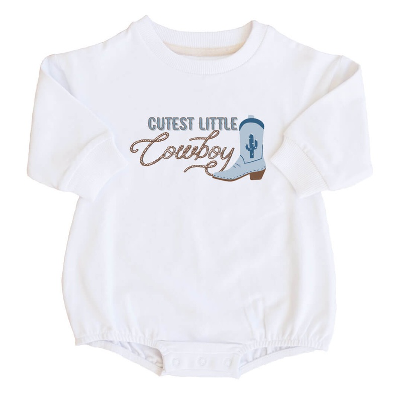 Cutest Little Cowboy Graphic Sweatshirt Bubble Romper | White