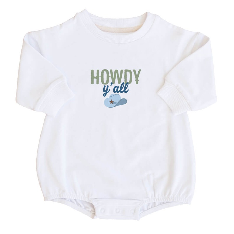 Howdy Y’all Graphic Sweatshirt Bubble Romper | White