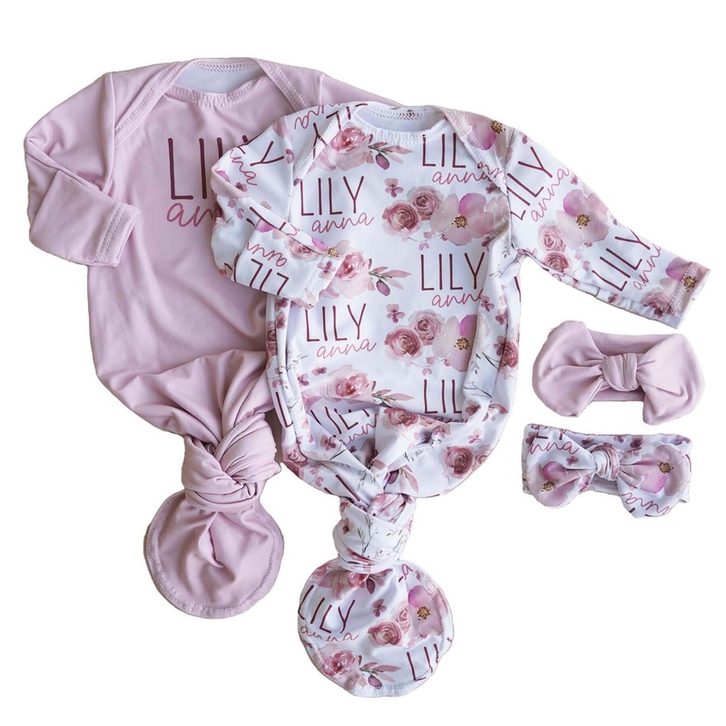 Rosie’s Rose Garden Floral Personalized Newborn Baby Knot Gown